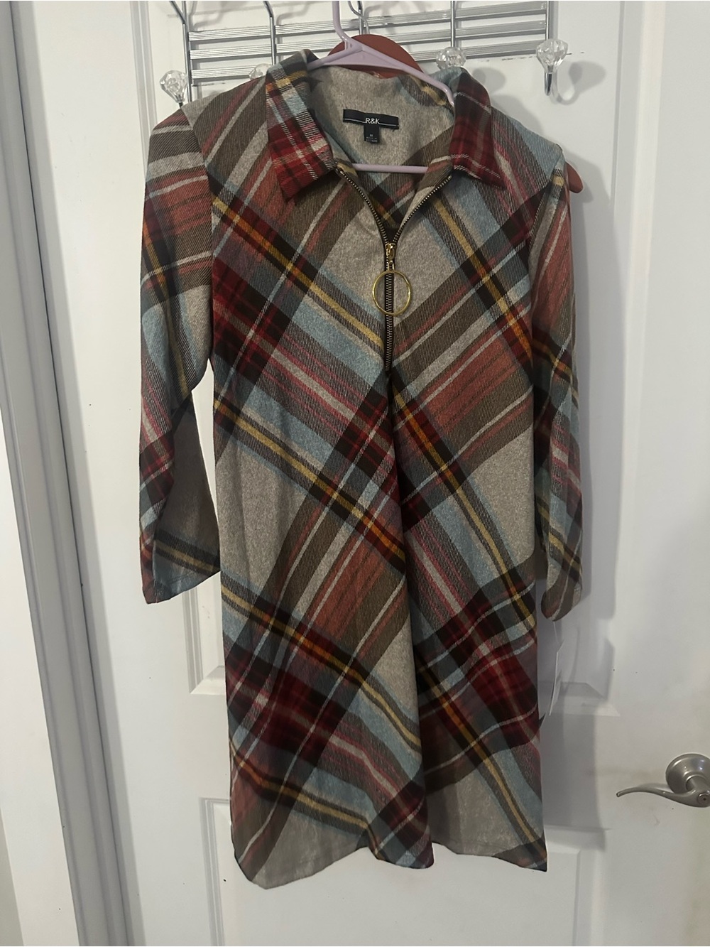 R&K Plaid Long-Sleeve Zip Dress in Beige, Red, Blue